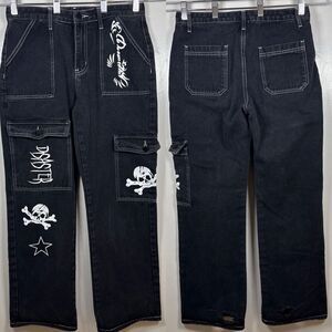 Romwe Grunge Punk Plus Letter & Skull Print Flap Pocket Side Cargo Pants Size 6
